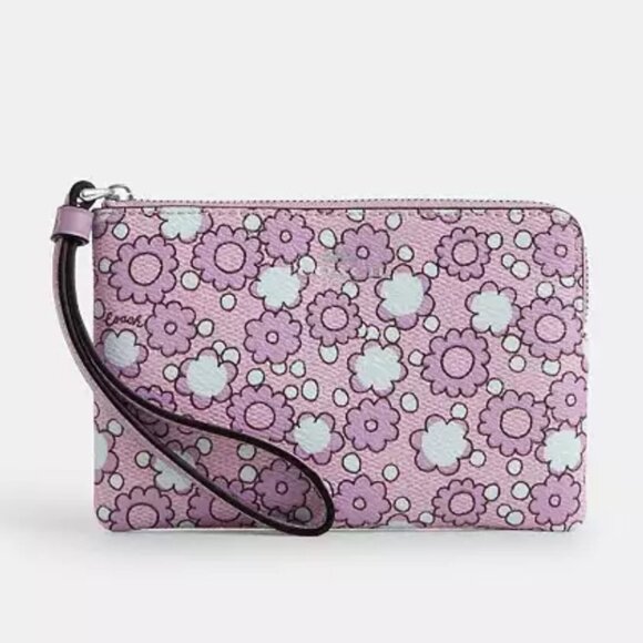 【2MK】Coach Purple Floral Corner Zip Wristlet - Picture 1 of 1